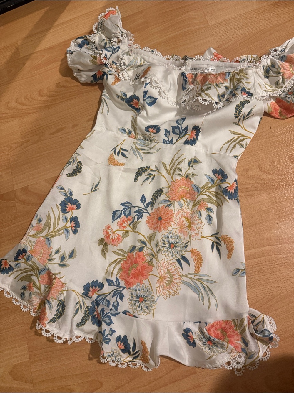 Saints + Secrets White Floral Corset Off-Shoulder Ruffle Dress with Lace Trim